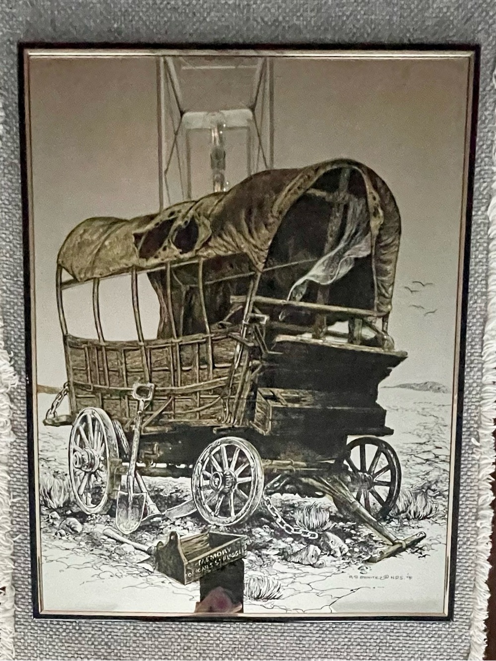 Vintage R.S. Benitez 1991 Covered Wagon Art Mirror Framed 16x20 Western Decor